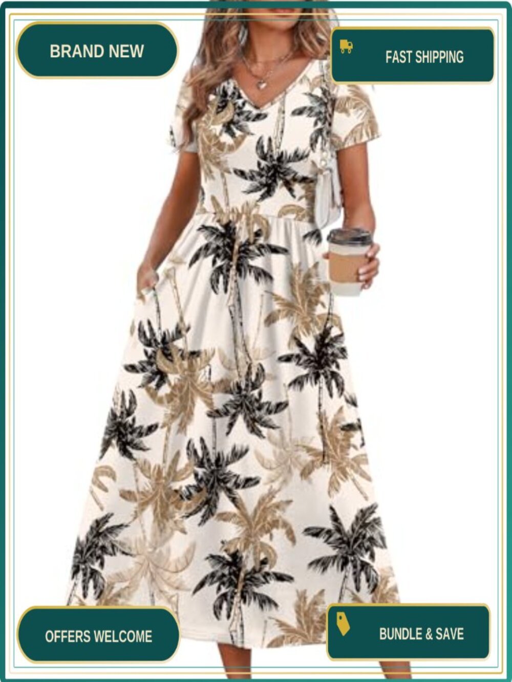 Flowy A-Line Midi Dress V-Neck Short Sleeve Casual Summer Sundress with Pockets